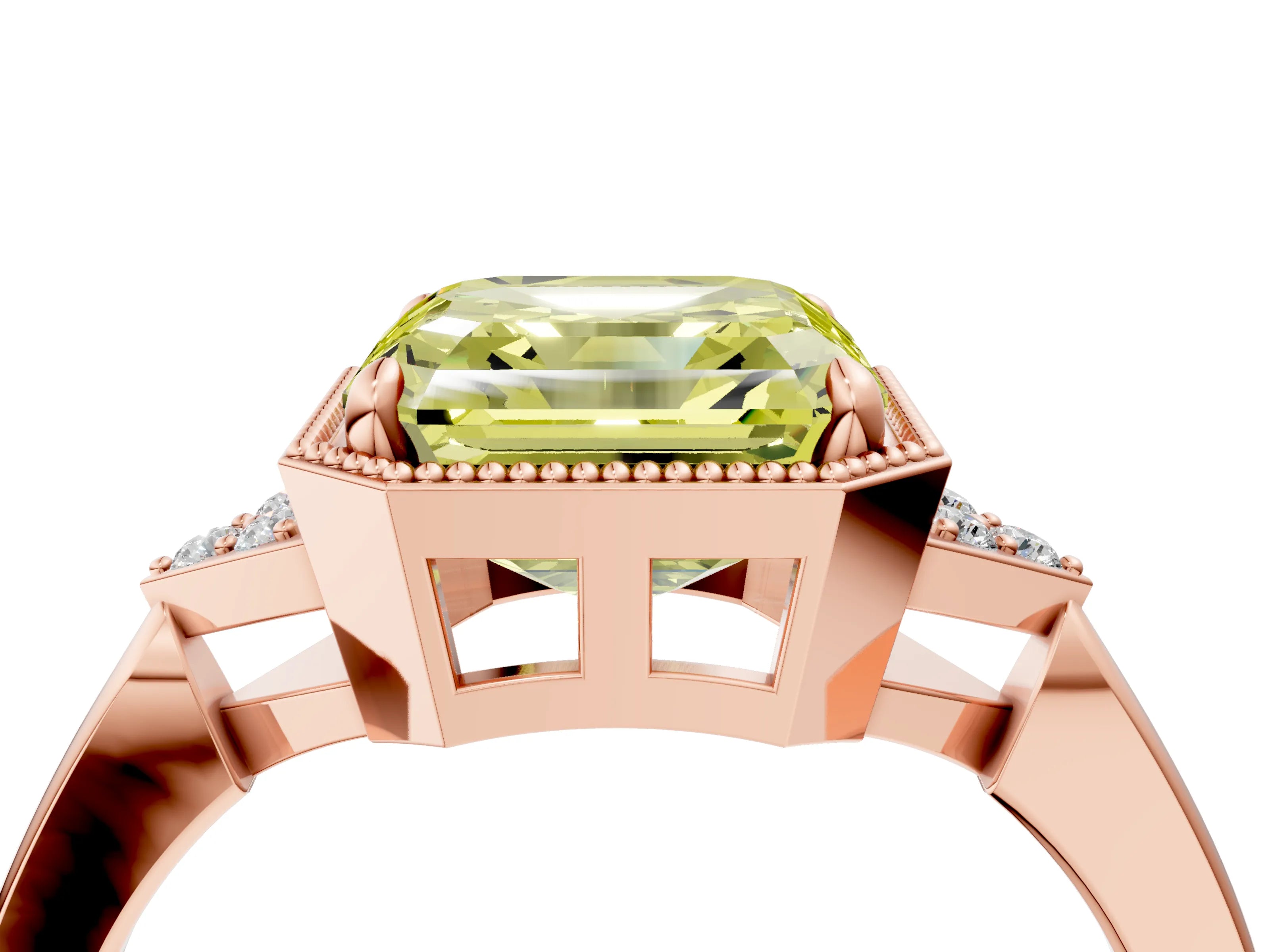 Rose gold Hexagonal Halo Fancy Yellow Asscher Cut Diamond Solitaire with Pavé Band and Four-Prong Setting_7