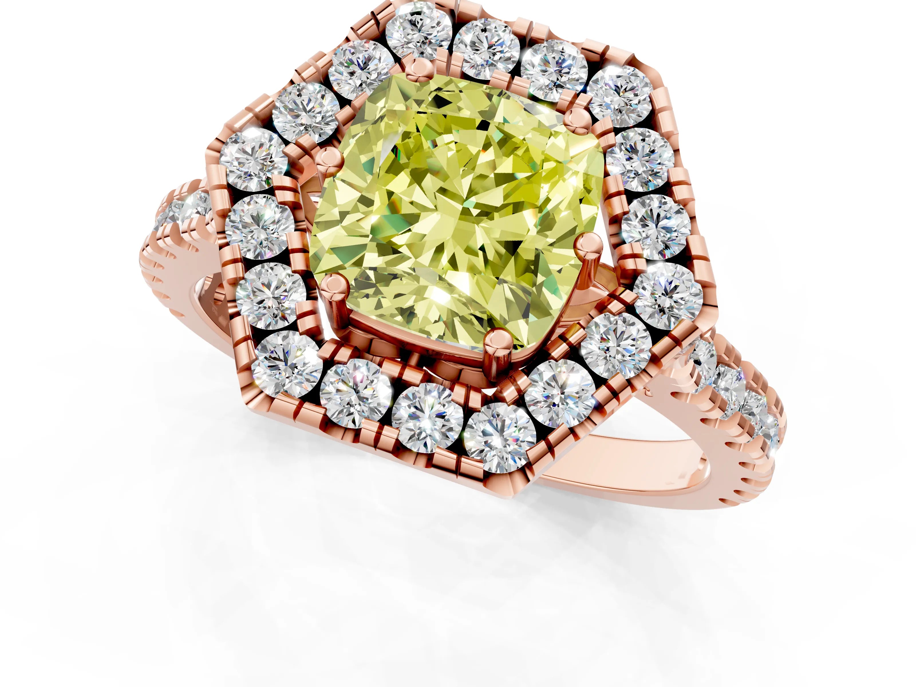 Rose gold Hexagonal Halo Fancy Yellow Cushion Cut Diamond Pavé Band with Four-Prong Setting_1