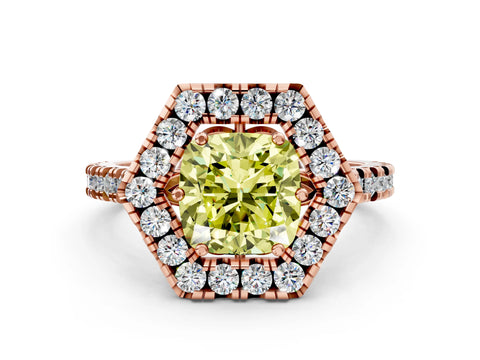 Rose gold Hexagonal Halo Fancy Yellow Cushion Cut Diamond Pavé Band with Four-Prong Setting