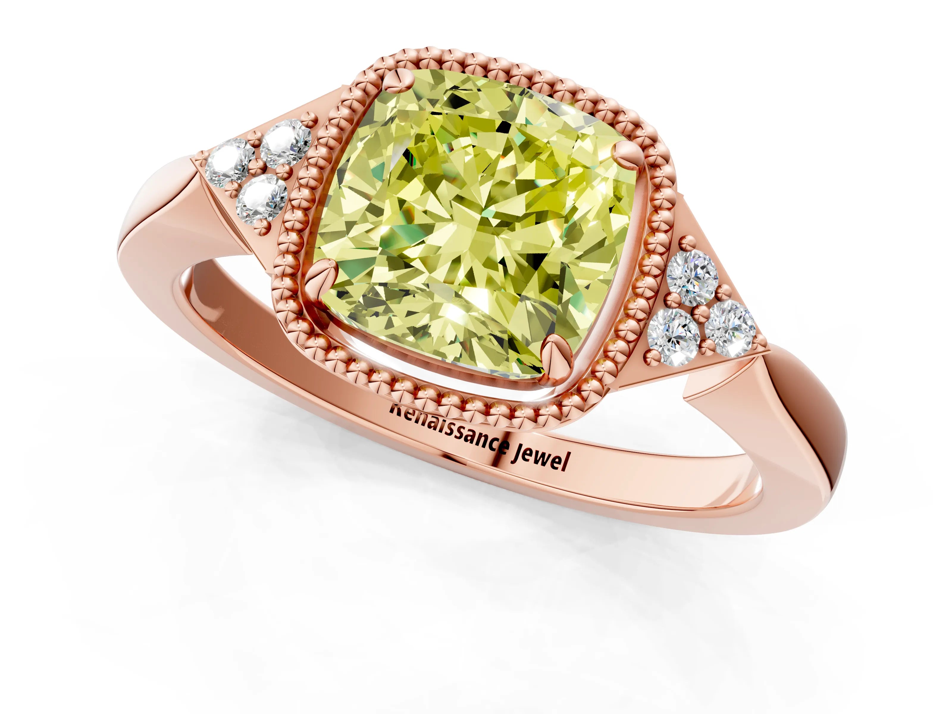 Rose gold Hexagonal Halo Fancy Yellow Cushion Cut Diamond Solitaire with Pavé Band and Four-Prong Setting_4