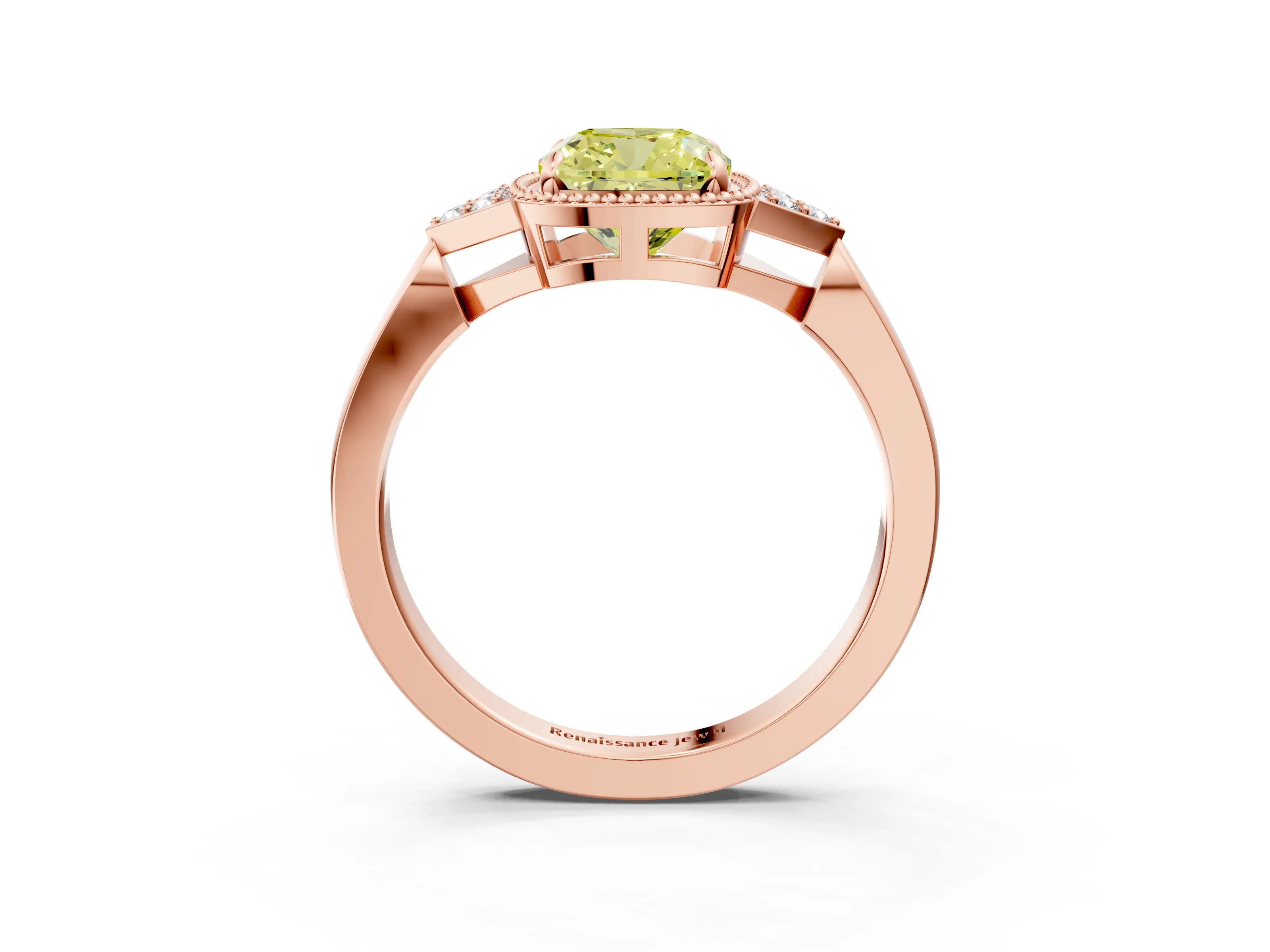 Rose gold Hexagonal Halo Fancy Yellow Cushion Cut Diamond Solitaire with Pavé Band and Four-Prong Setting_6