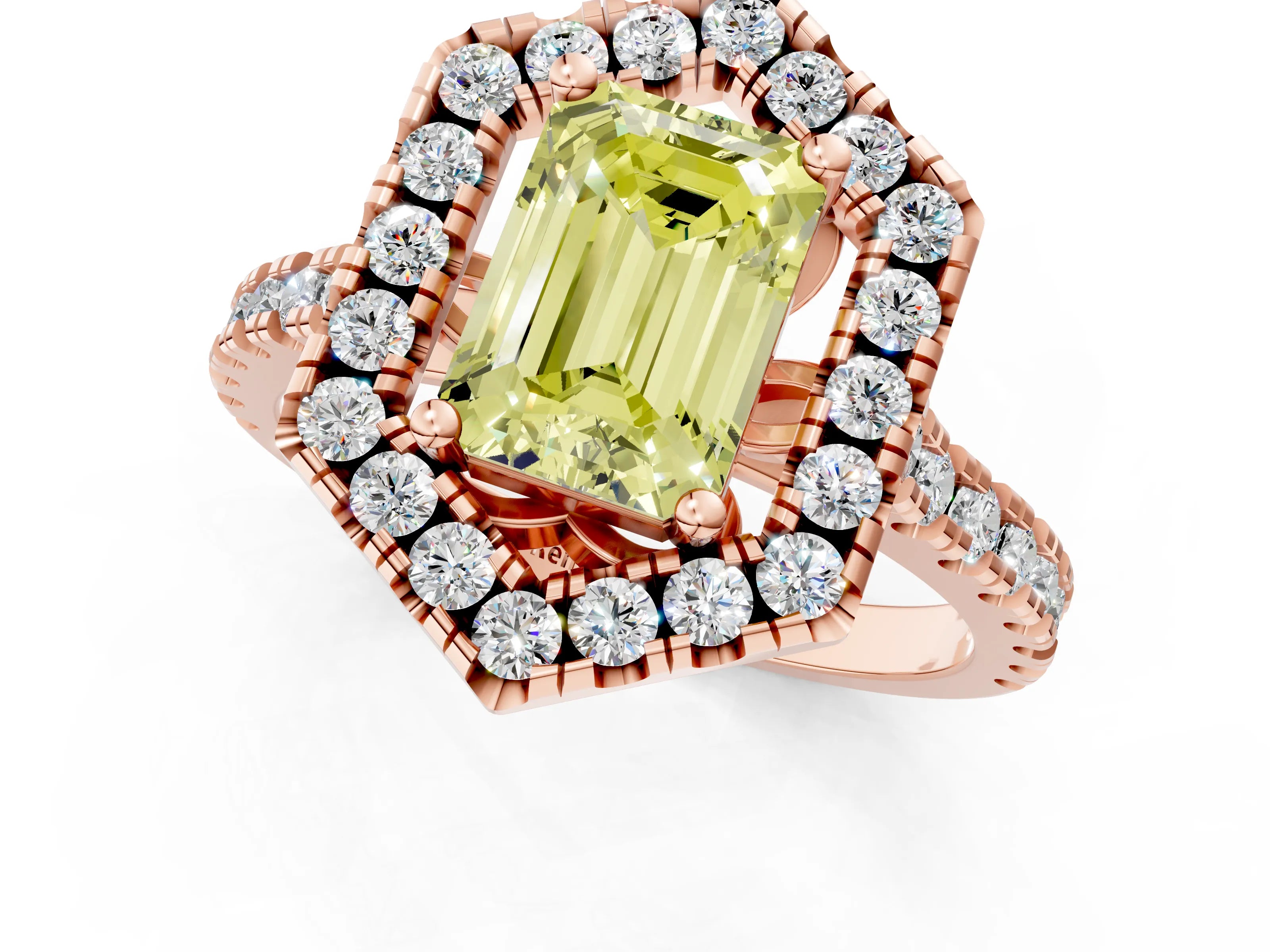 Rose gold Hexagonal Halo Fancy Yellow Emerald Cut Diamond Pavé Band with Four-Prong Setting_1