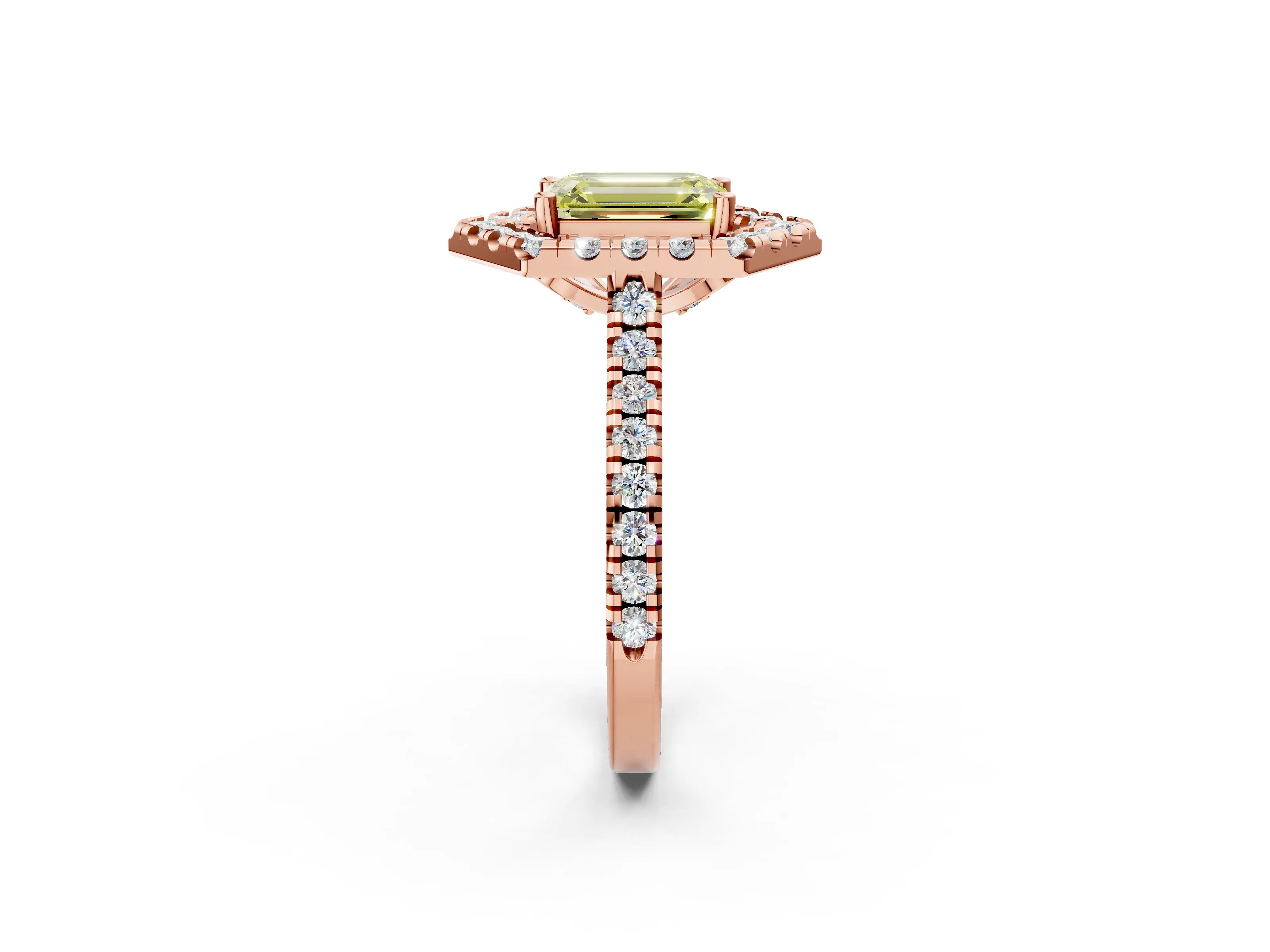 Rose gold Hexagonal Halo Fancy Yellow Emerald Cut Diamond Pavé Band with Four-Prong Setting_2