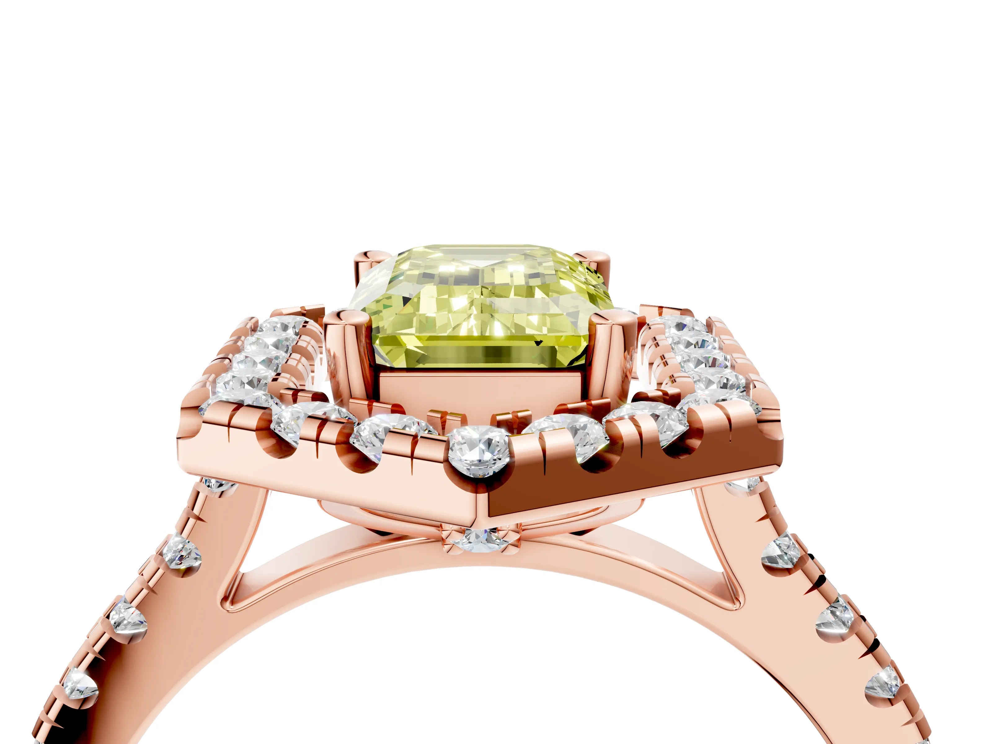 Rose gold Hexagonal Halo Fancy Yellow Emerald Cut Diamond Pavé Band with Four-Prong Setting_4
