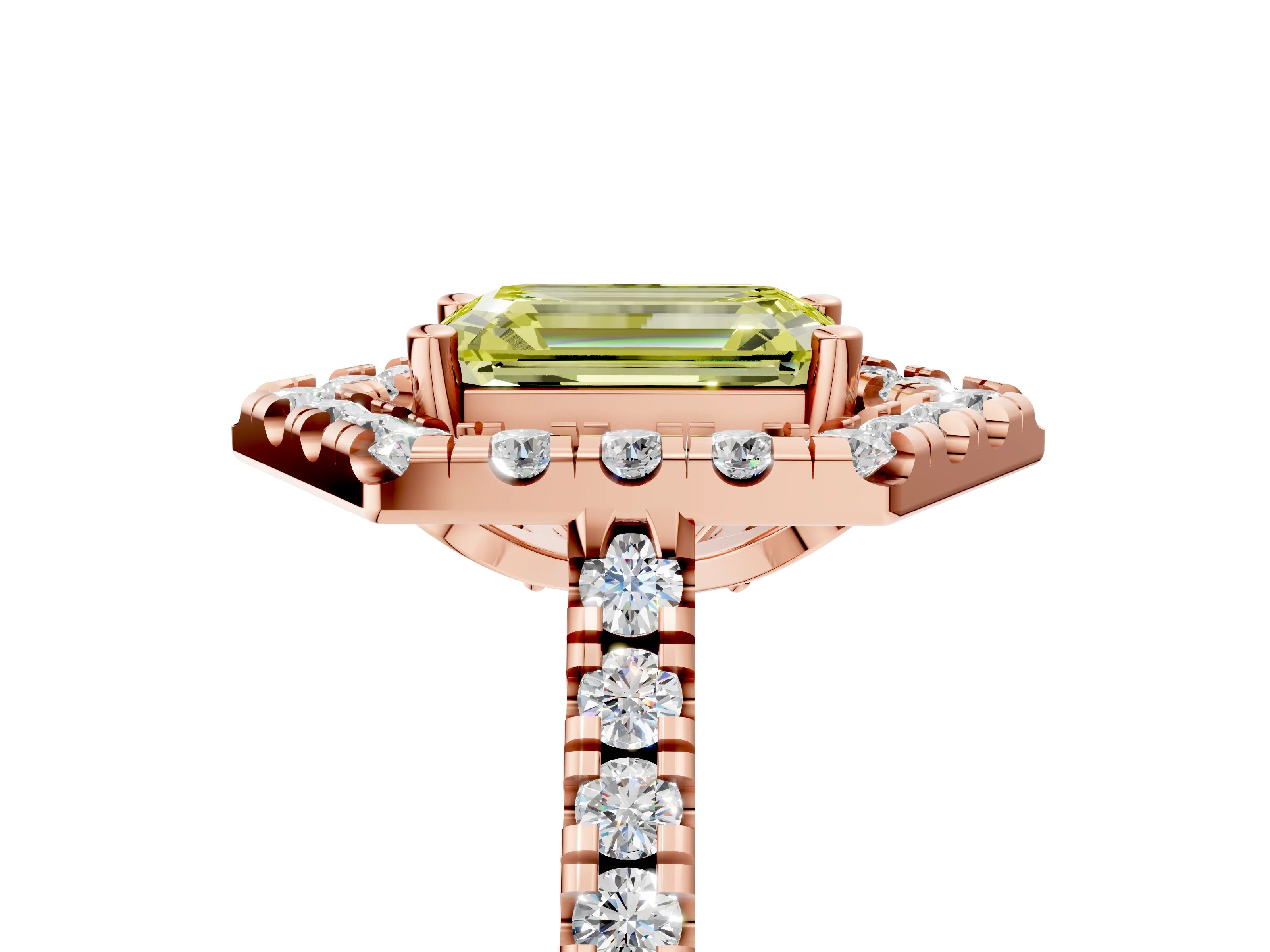 Rose gold Hexagonal Halo Fancy Yellow Emerald Cut Diamond Pavé Band with Four-Prong Setting_5