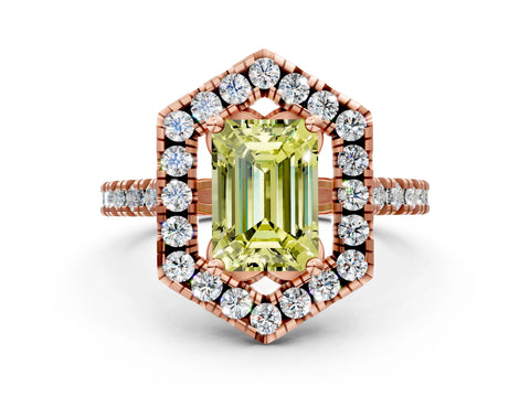 Rose gold Hexagonal Halo Fancy Yellow Emerald Cut Diamond Pavé Band with Four-Prong Setting