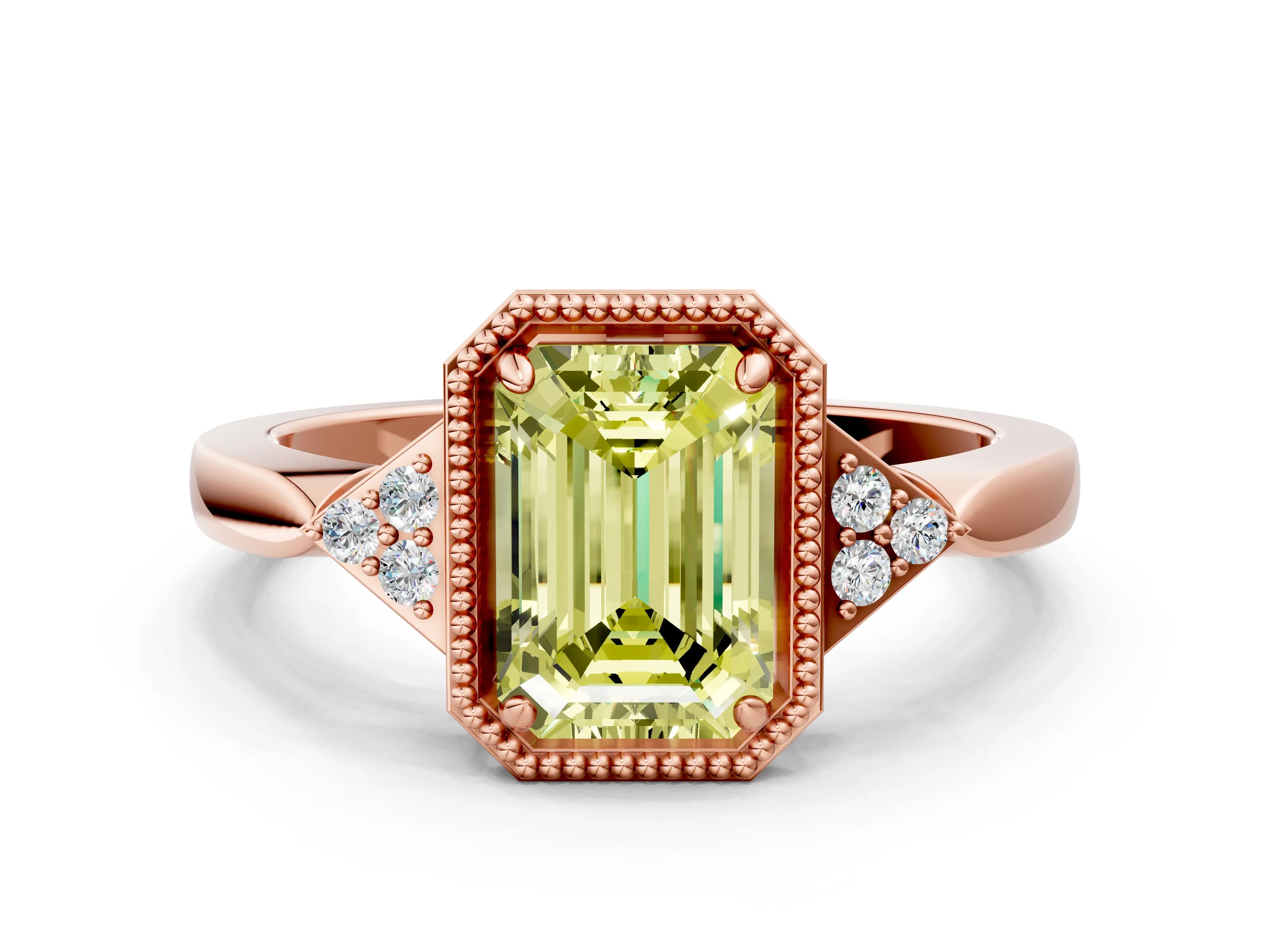 Rose gold Hexagonal Halo Fancy Yellow Emerald Cut Diamond Solitaire with Pavé Band and Four-Prong Setting_3