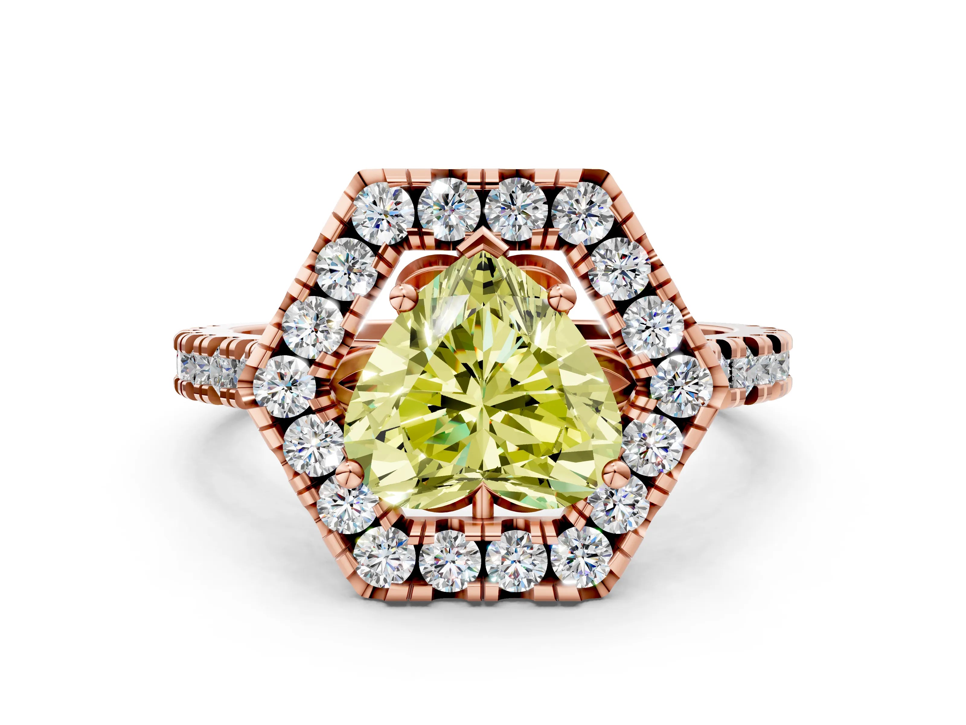 Rose gold Hexagonal Halo Fancy Yellow Heart Cut Diamond Pavé Band with Four-Prong Setting