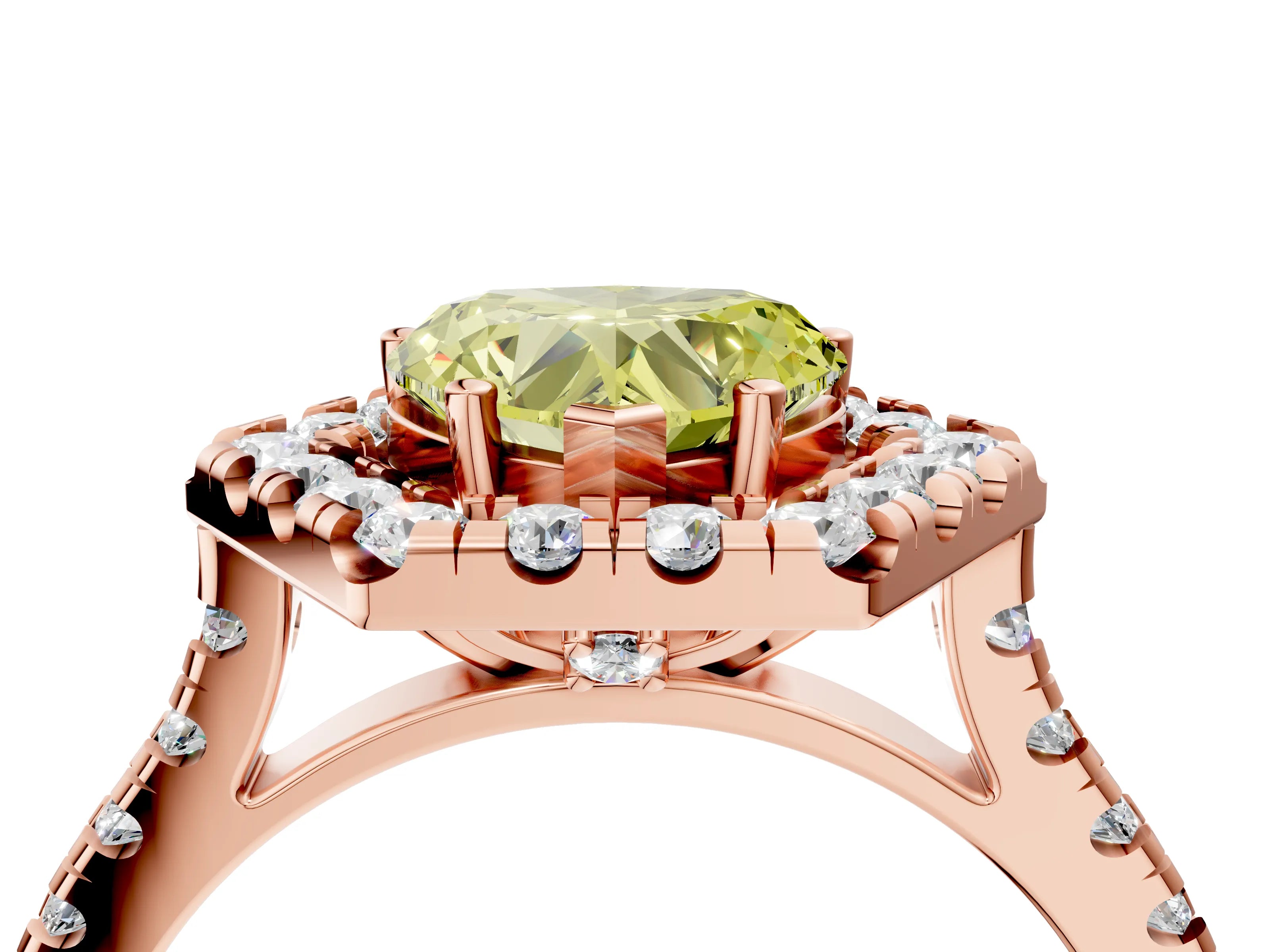 Rose gold Hexagonal Halo Fancy Yellow Heart Cut Diamond Pavé Band with Four-Prong Setting_4