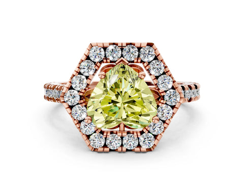 Rose gold Hexagonal Halo Fancy Yellow Heart Cut Diamond Pavé Band with Four-Prong Setting