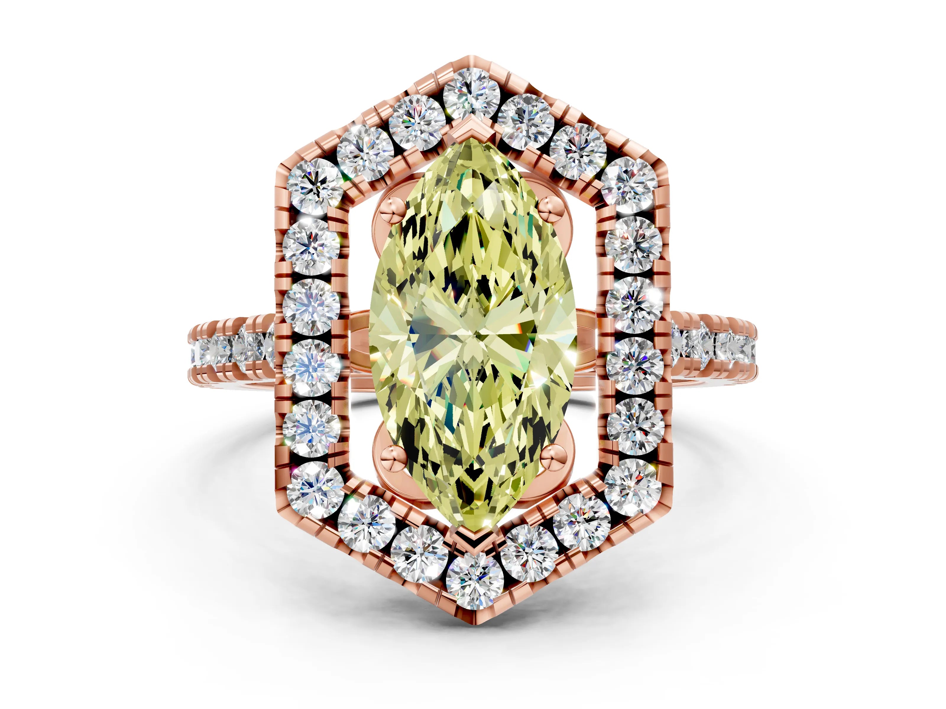 Rose gold Hexagonal Halo Fancy Yellow Marquise Cut Diamond Pavé Band with Four-Prong Setting