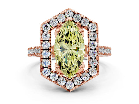 Rose gold Hexagonal Halo Fancy Yellow Marquise Cut Diamond Pavé Band with Four-Prong Setting