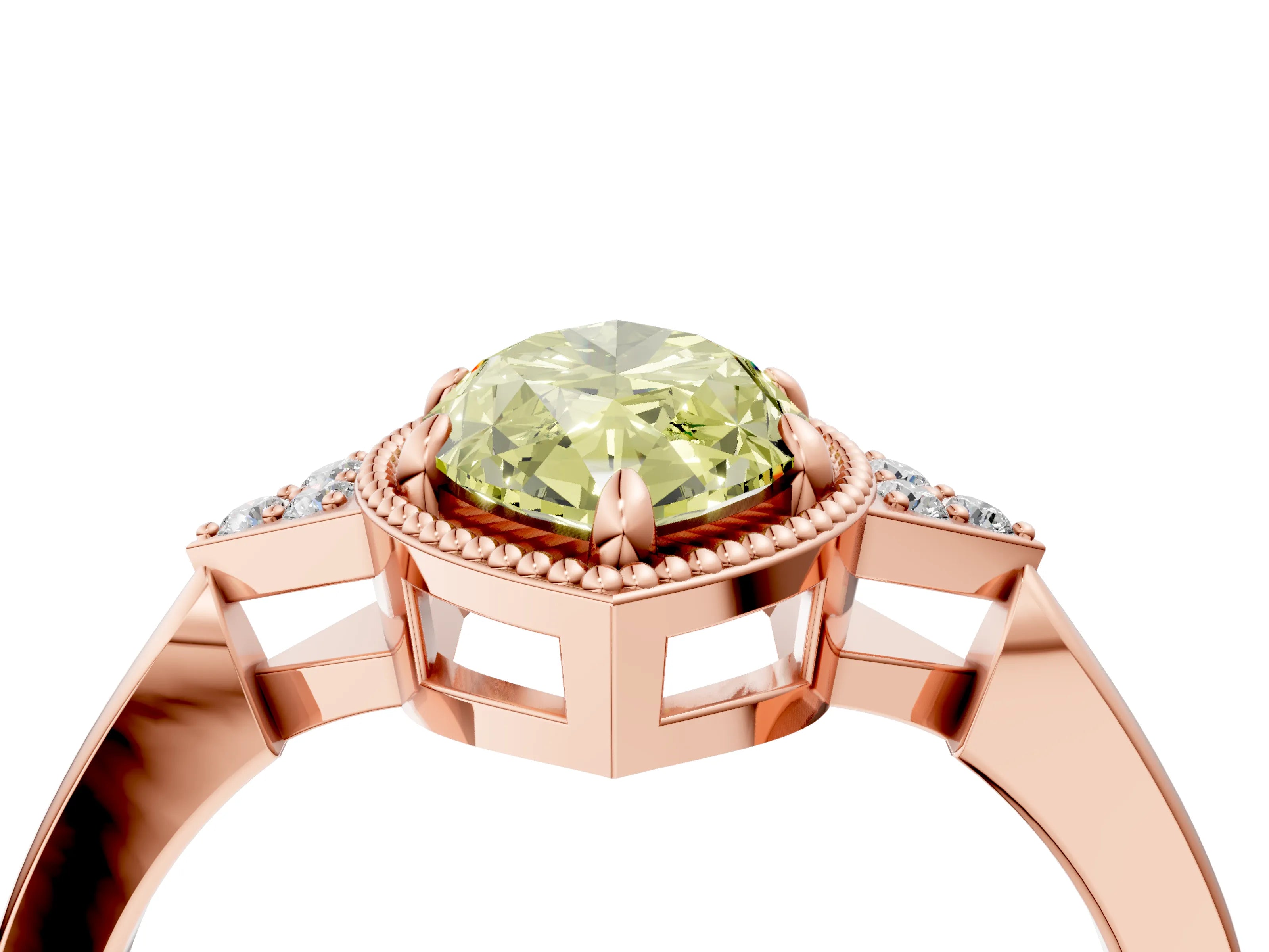 Rose gold Hexagonal Halo Fancy Yellow Marquise Cut Diamond Solitaire with Pavé Band and Four-Prong Setting_7