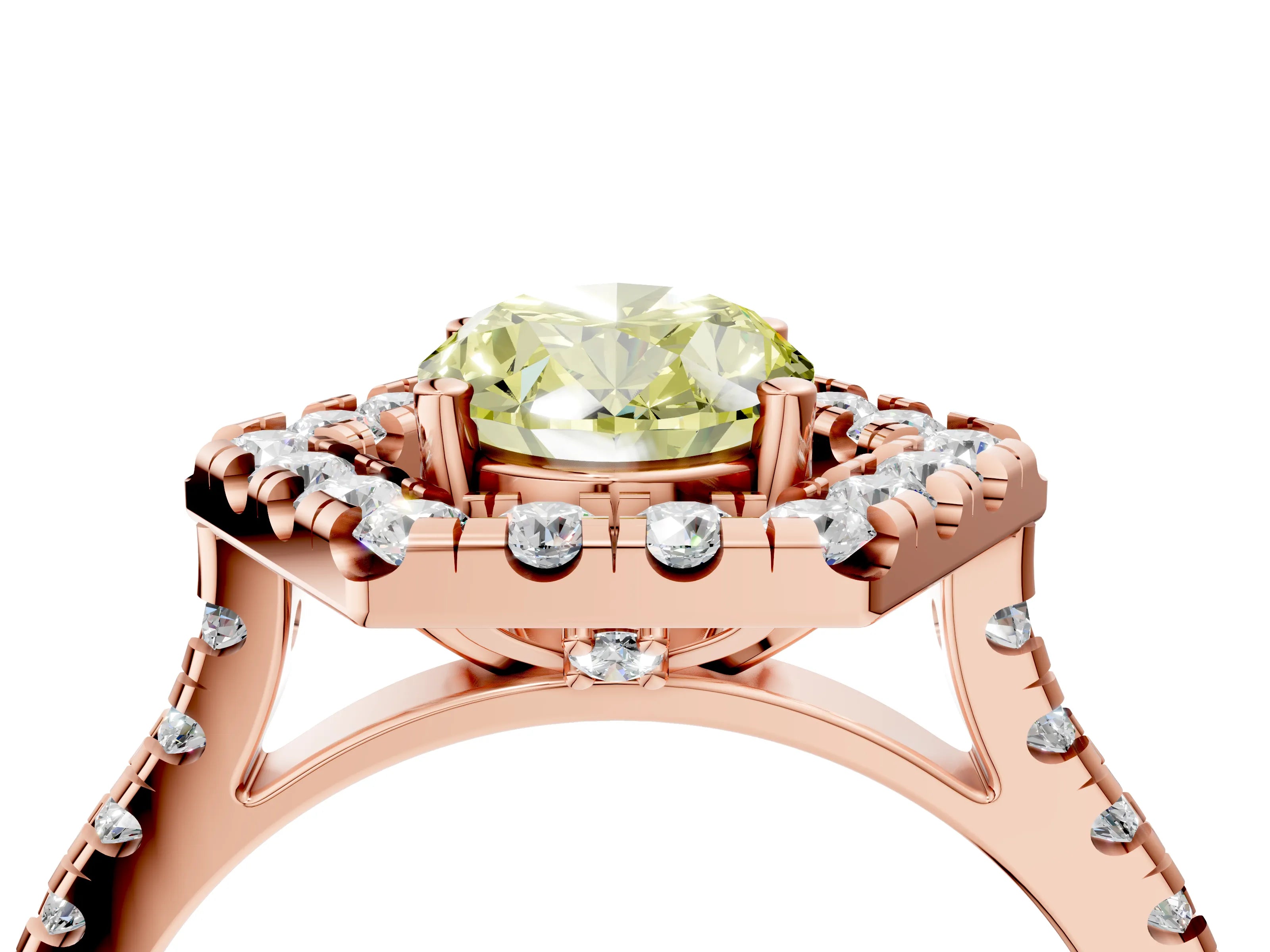 Rose gold Hexagonal Halo Fancy Yellow Oval Cut Diamond Pavé Band with Four-Prong Setting_4