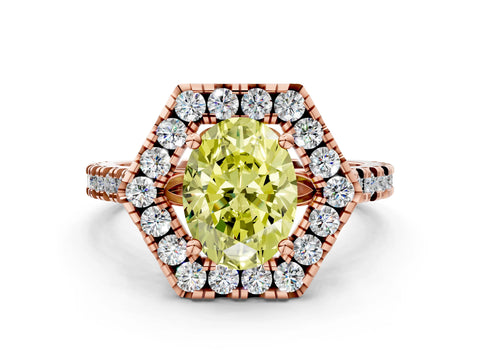 Rose gold Hexagonal Halo Fancy Yellow Oval Cut Diamond Pavé Band with Four-Prong Setting