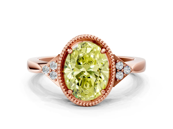Rose gold Hexagonal Halo Fancy Yellow Oval Cut Diamond Solitaire with Pavé Band and Four-Prong Setting