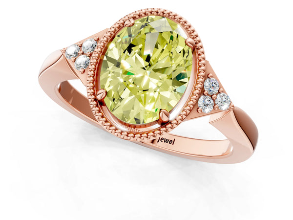 Rose gold Hexagonal Halo Fancy Yellow Oval Cut Diamond Solitaire with Pavé Band and Four-Prong Setting