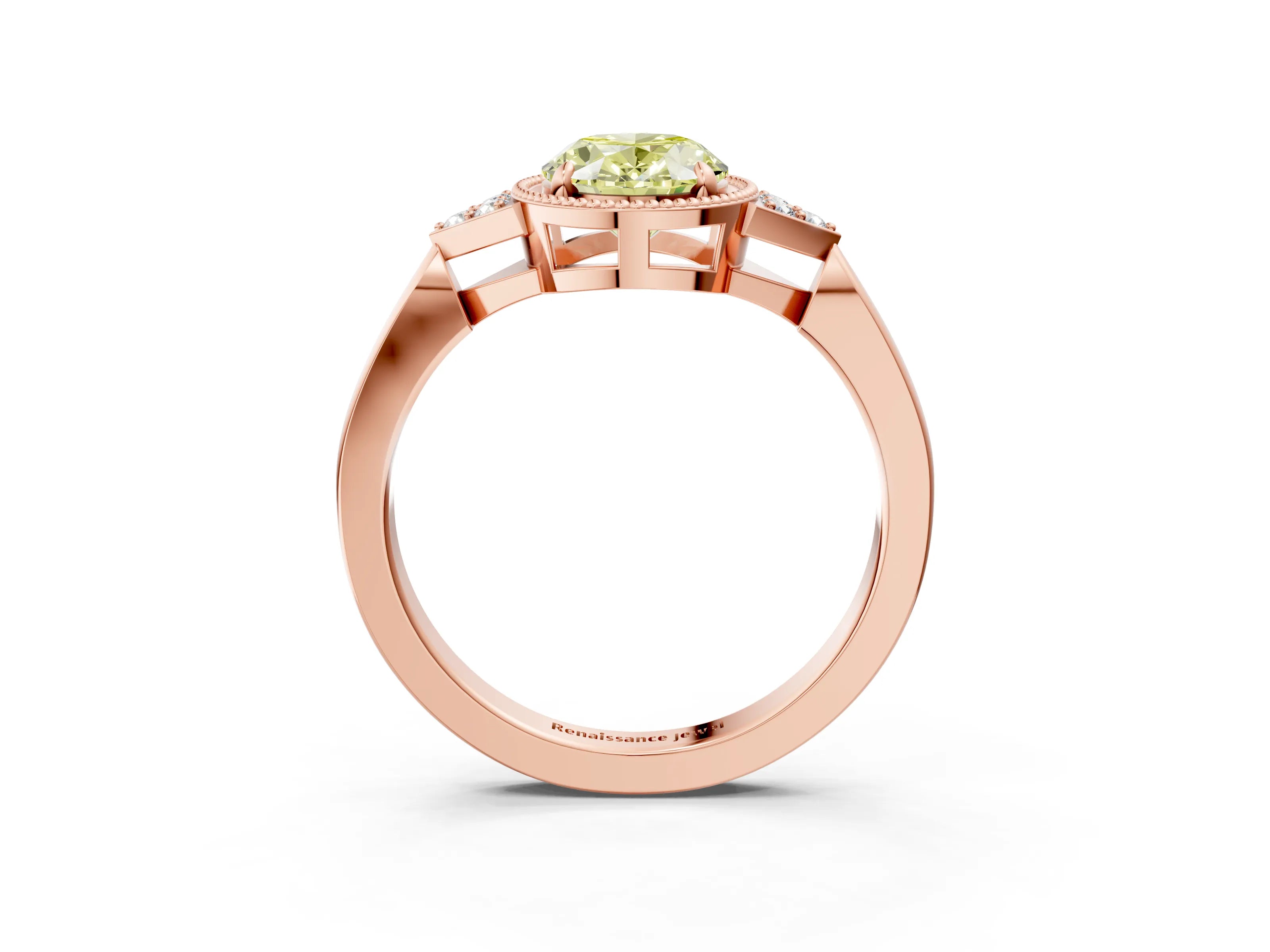 Rose gold Hexagonal Halo Fancy Yellow Oval Cut Diamond Solitaire with Pavé Band and Four-Prong Setting_6