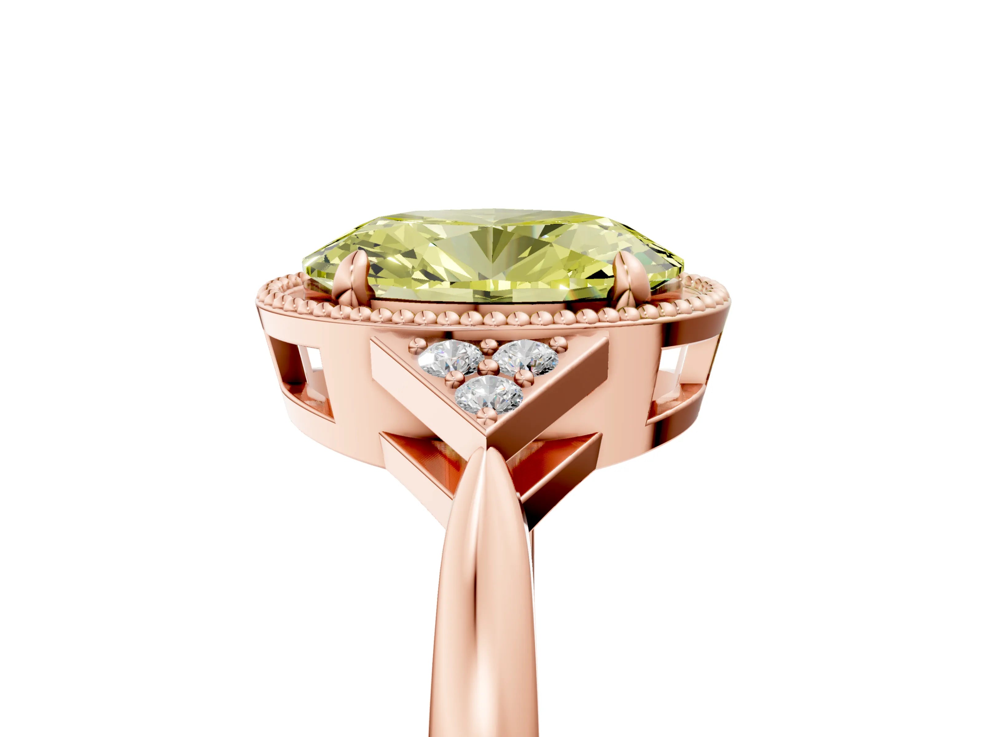 Rose gold Hexagonal Halo Fancy Yellow Oval Cut Diamond Solitaire with Pavé Band and Four-Prong Setting_8
