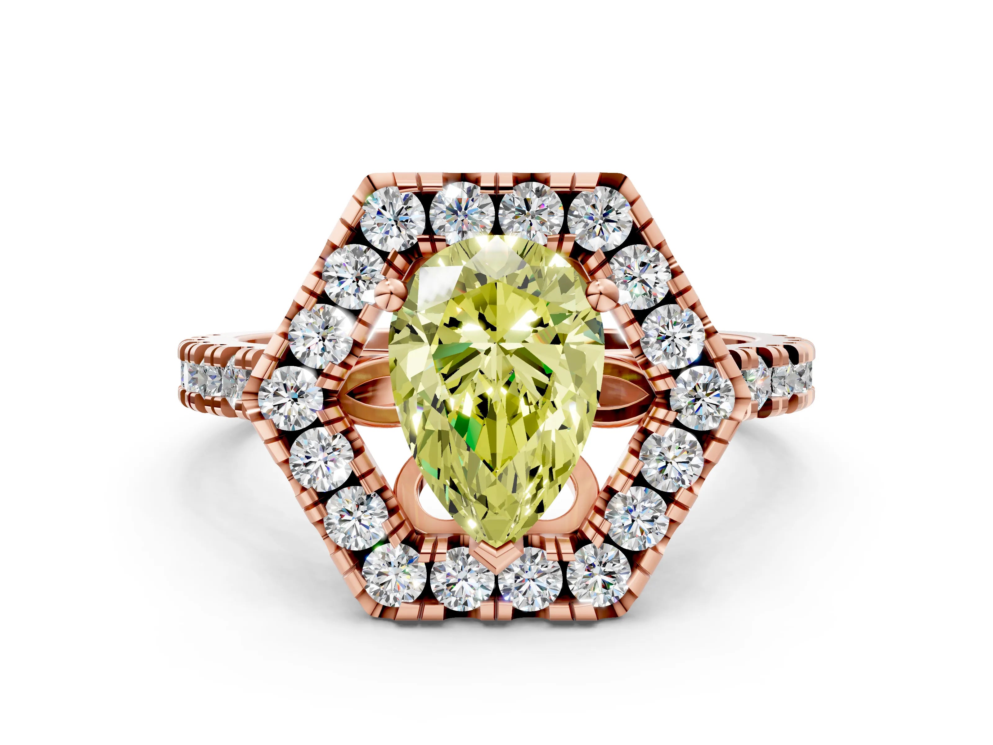 Rose gold Hexagonal Halo Fancy Yellow Pear Cut Diamond Pavé Band with Four-Prong Setting