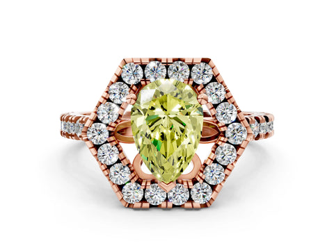 Rose gold Hexagonal Halo Fancy Yellow Pear Cut Diamond Pavé Band with Four-Prong Setting