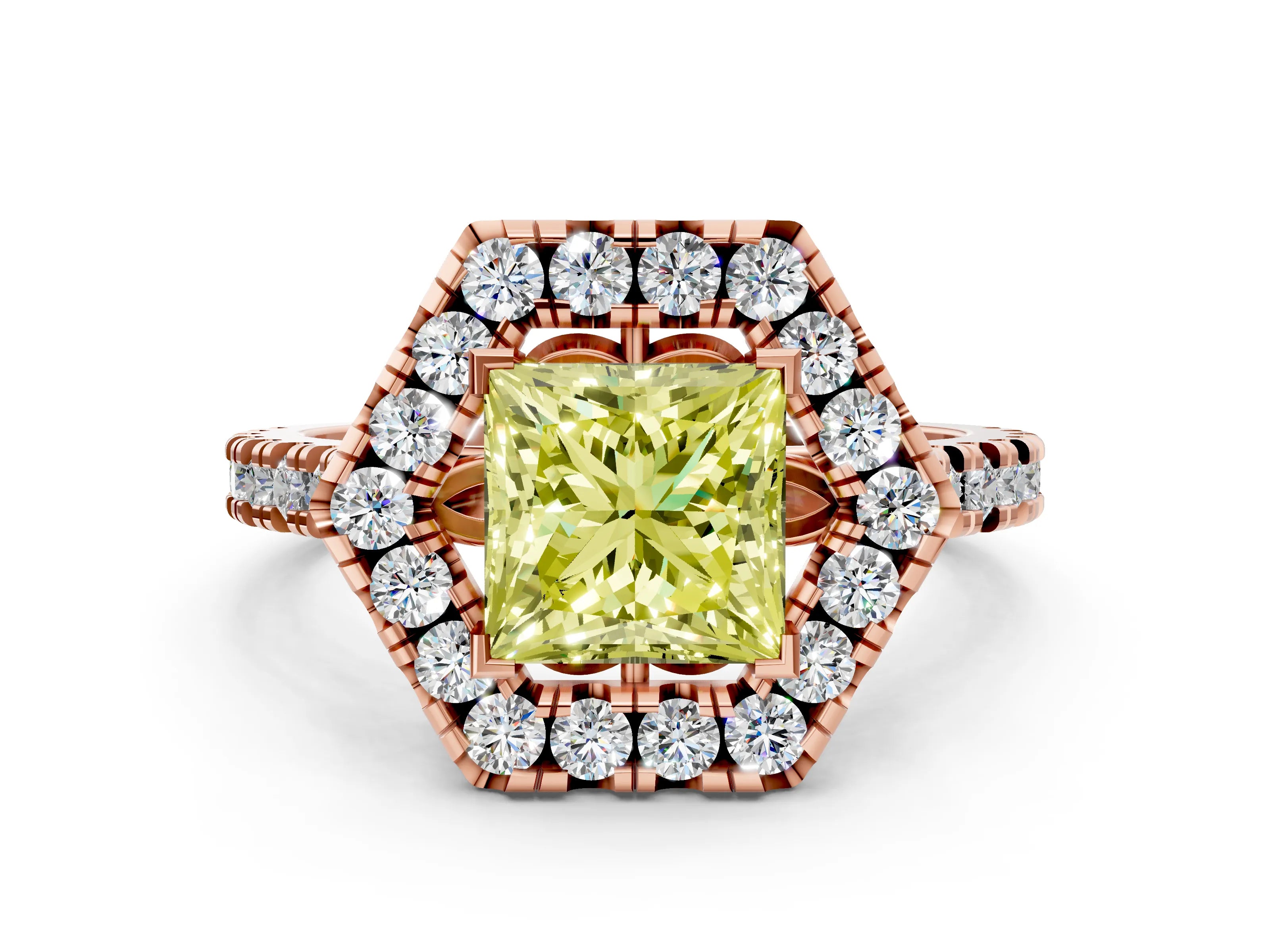 Rose gold Hexagonal Halo Fancy Yellow Princess Cut Diamond Pavé Band with Four-Prong Setting