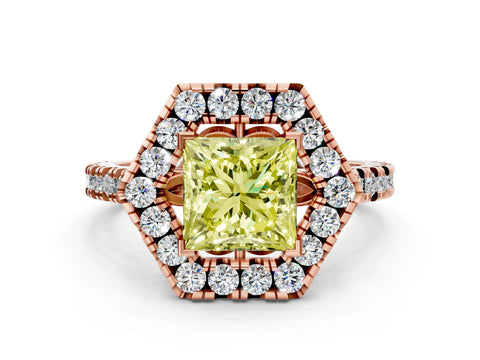 Rose gold Hexagonal Halo Fancy Yellow Princess Cut Diamond Pavé Band with Four-Prong Setting