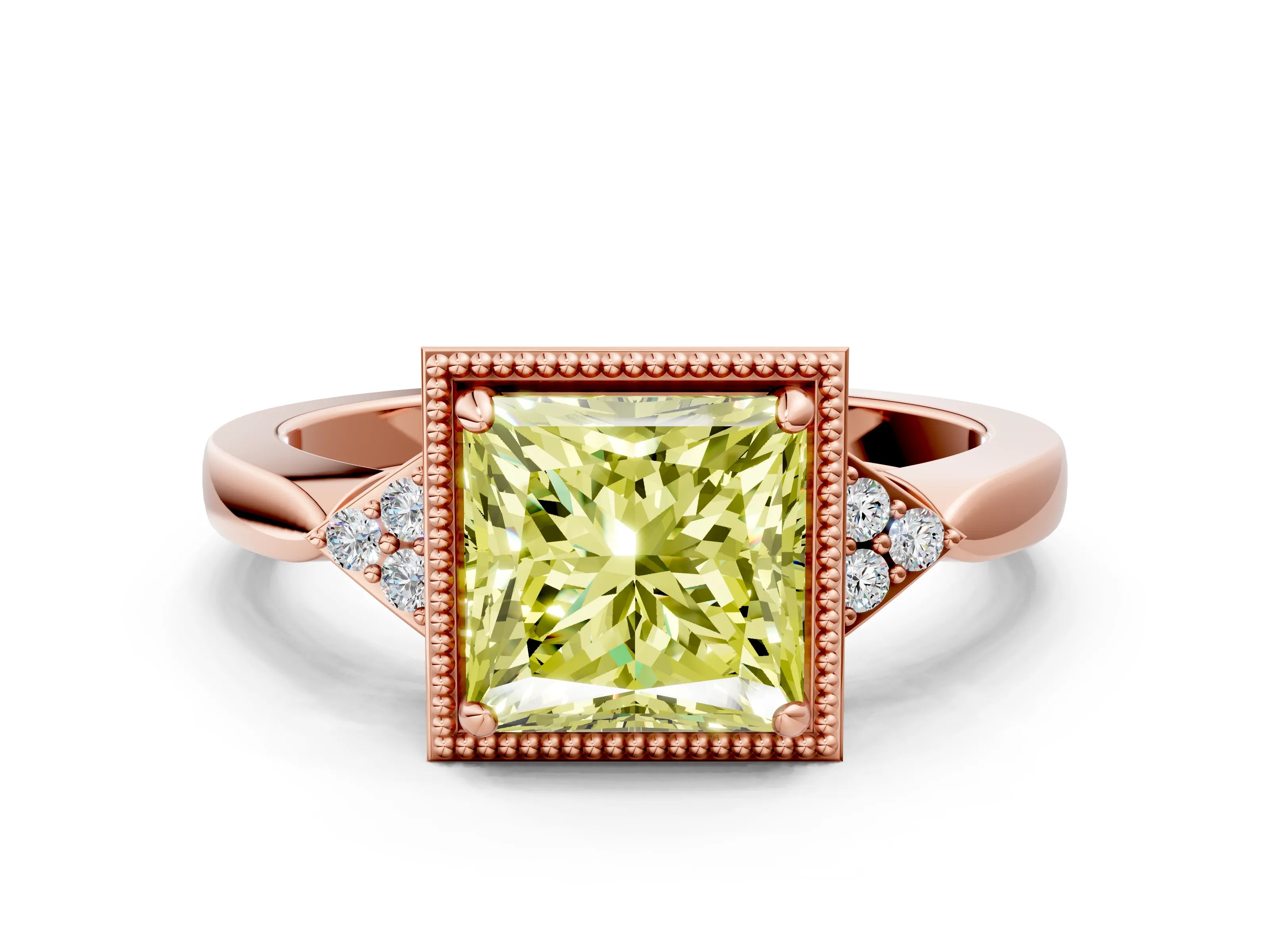 Rose gold Hexagonal Halo Fancy Yellow Princess Cut Diamond Solitaire with Pavé Band and Four-Prong Setting_3