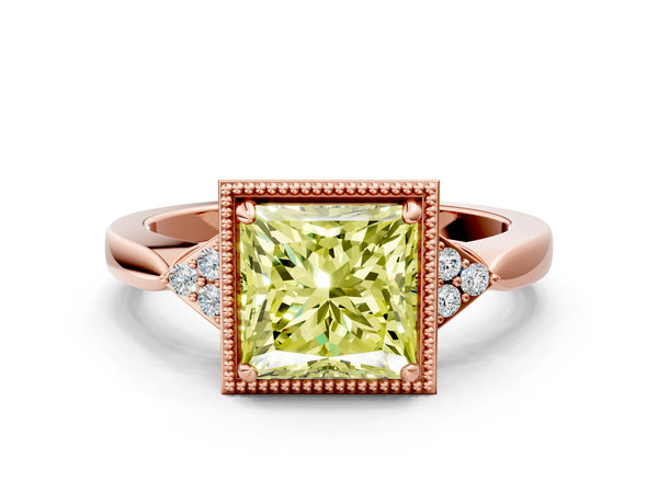 Rose gold Hexagonal Halo Fancy Yellow Princess Cut Diamond Solitaire with Pavé Band and Four-Prong Setting