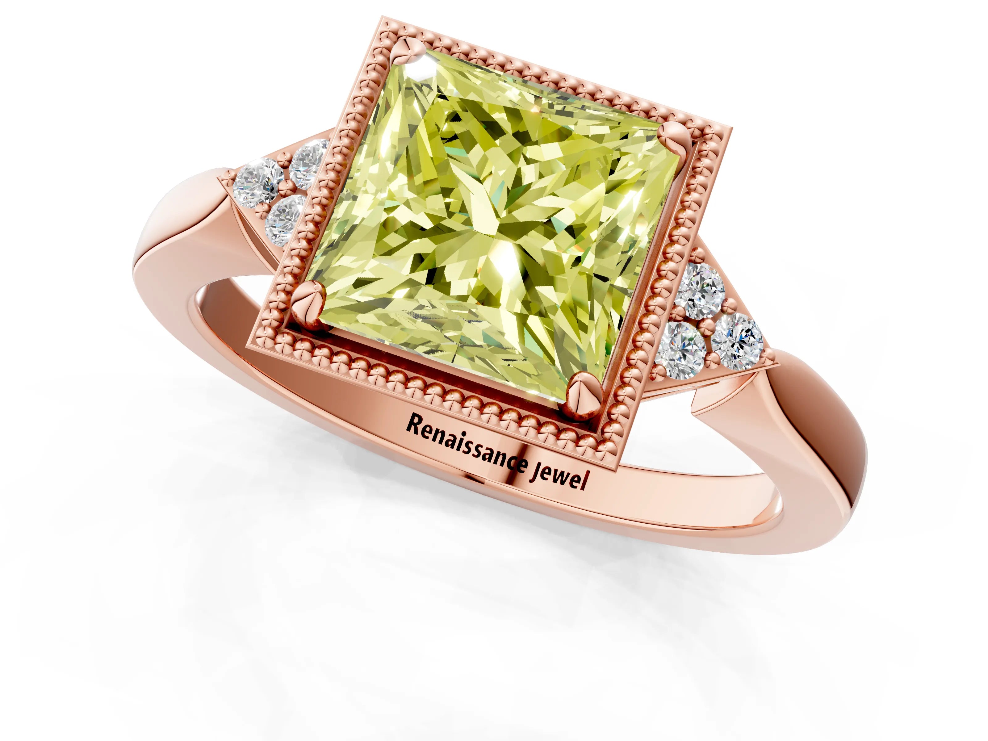 Rose gold Hexagonal Halo Fancy Yellow Princess Cut Diamond Solitaire with Pavé Band and Four-Prong Setting_4
