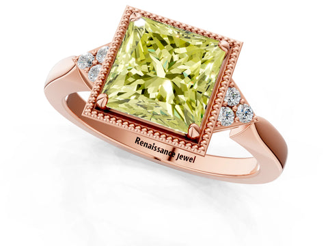 Rose gold Hexagonal Halo Fancy Yellow Princess Cut Diamond Solitaire with Pavé Band and Four-Prong Setting_4