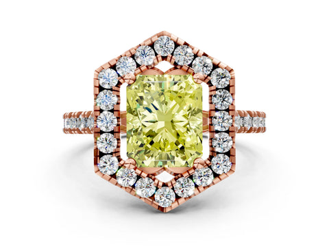 Rose gold Hexagonal Halo Fancy Yellow Radiant Cut Diamond Pavé Band with Four-Prong Setting