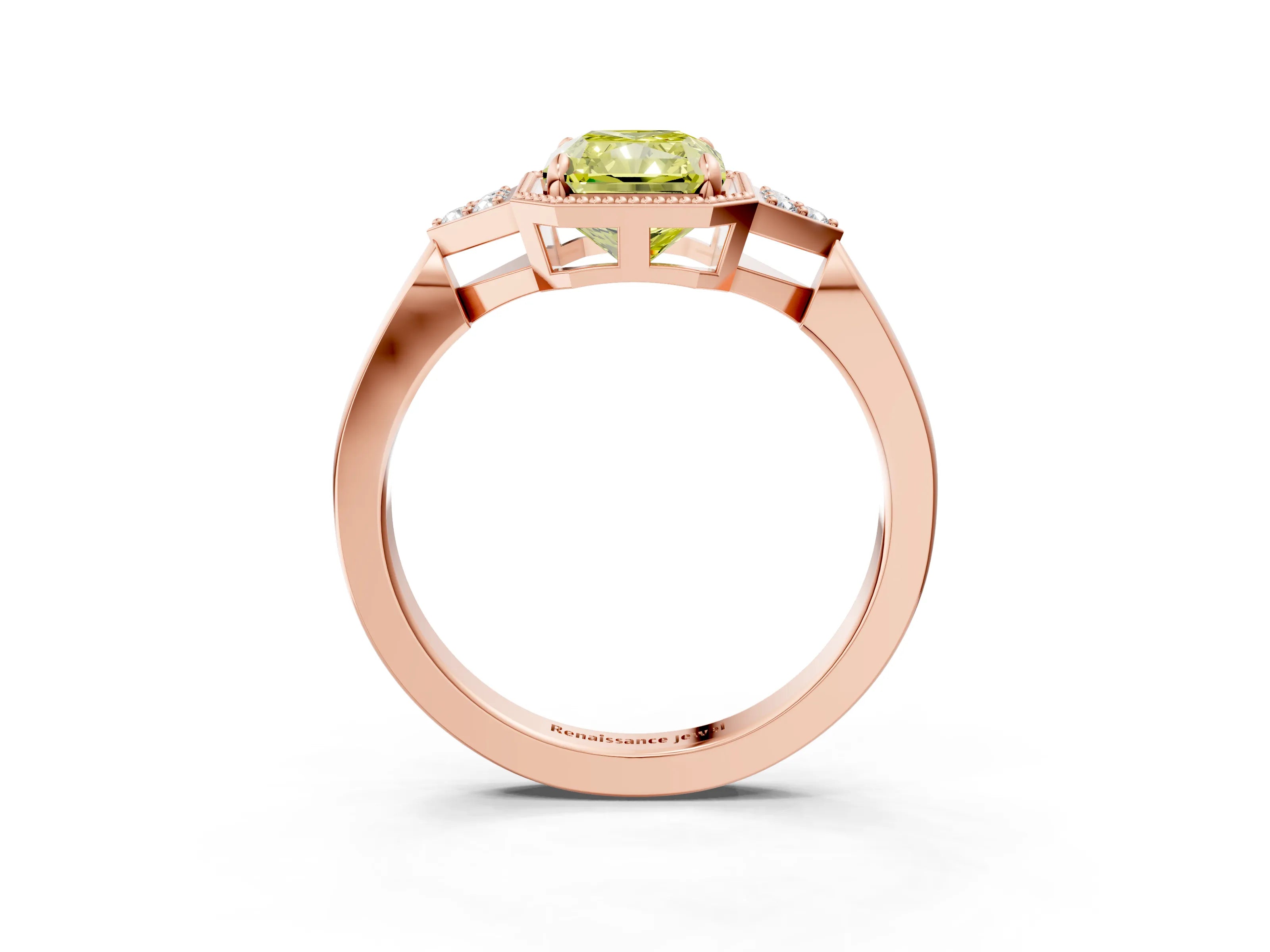 Rose gold Hexagonal Halo Fancy Yellow Radiant Cut Diamond Solitaire with Pavé Band and Four-Prong Setting_6