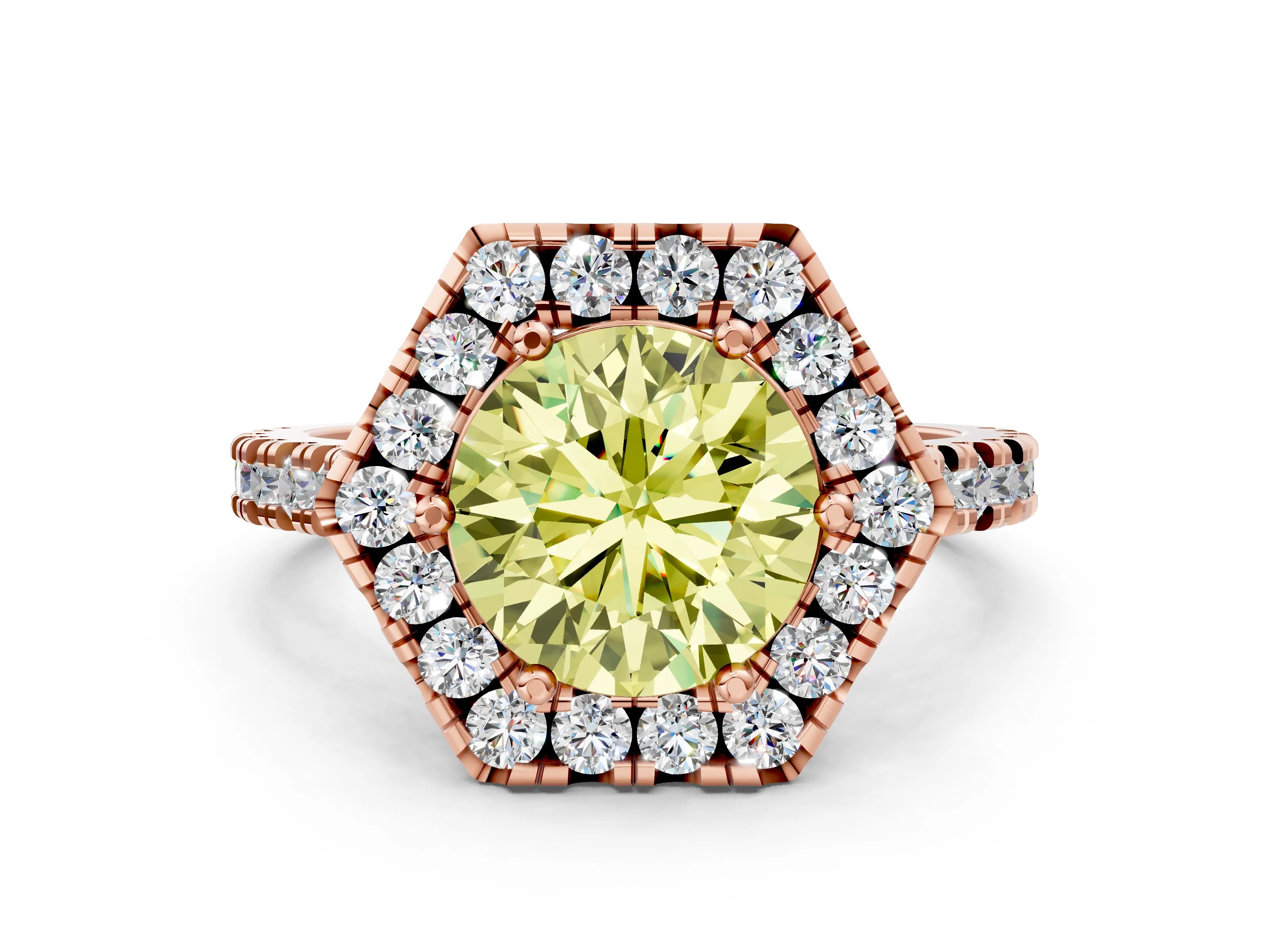 Rose gold Hexagonal Halo Fancy Yellow Round Cut Diamond Pavé Band with Four-Prong Setting