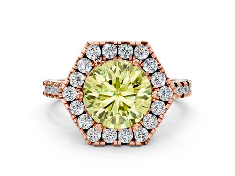Rose gold Hexagonal Halo Fancy Yellow Round Cut Diamond Pavé Band with Four-Prong Setting