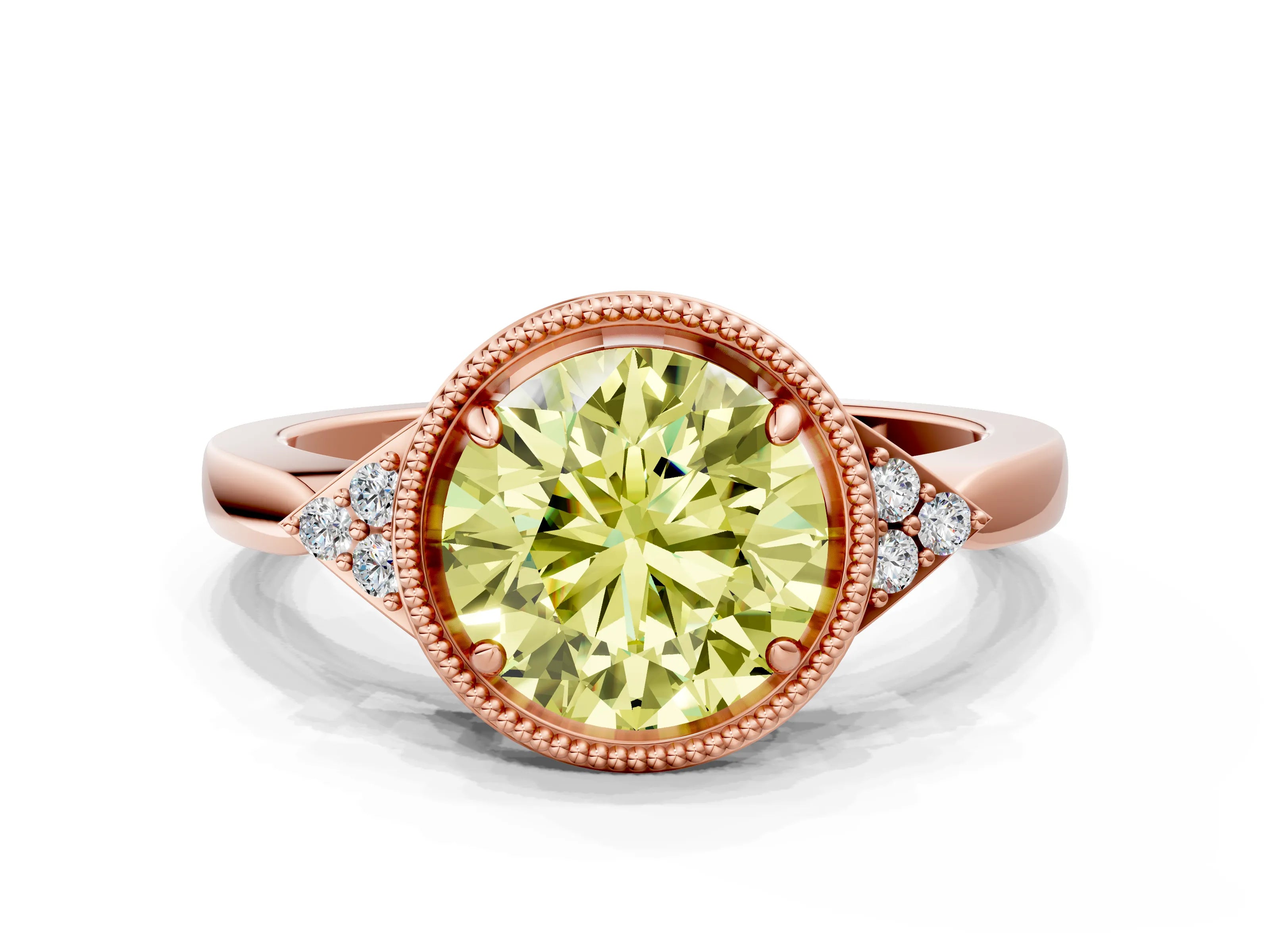 Rose gold Hexagonal Halo Fancy Yellow Round Cut Diamond Solitaire with Pavé Band and Four-Prong Setting_3