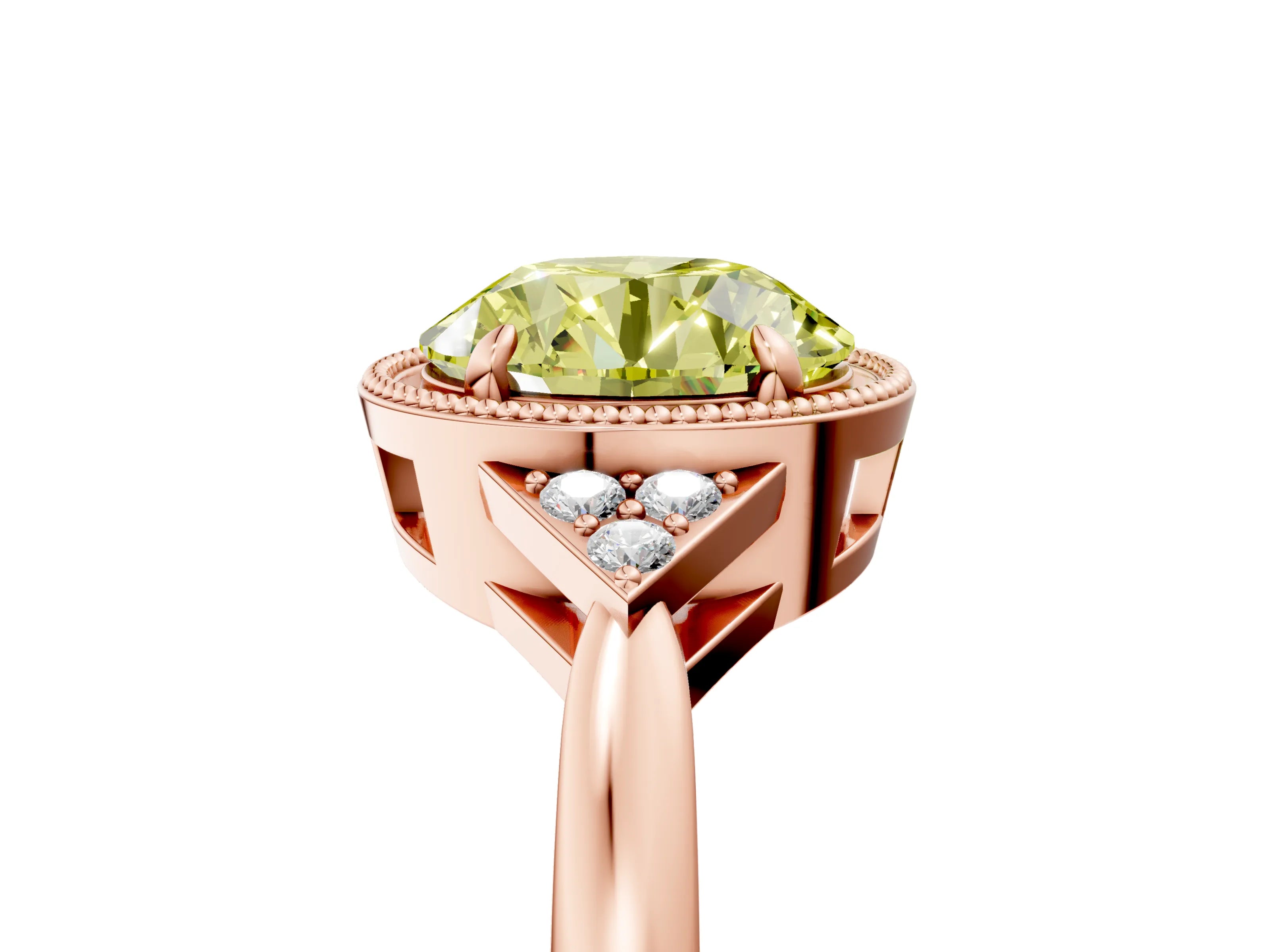 Rose gold Hexagonal Halo Fancy Yellow Round Cut Diamond Solitaire with Pavé Band and Four-Prong Setting_8