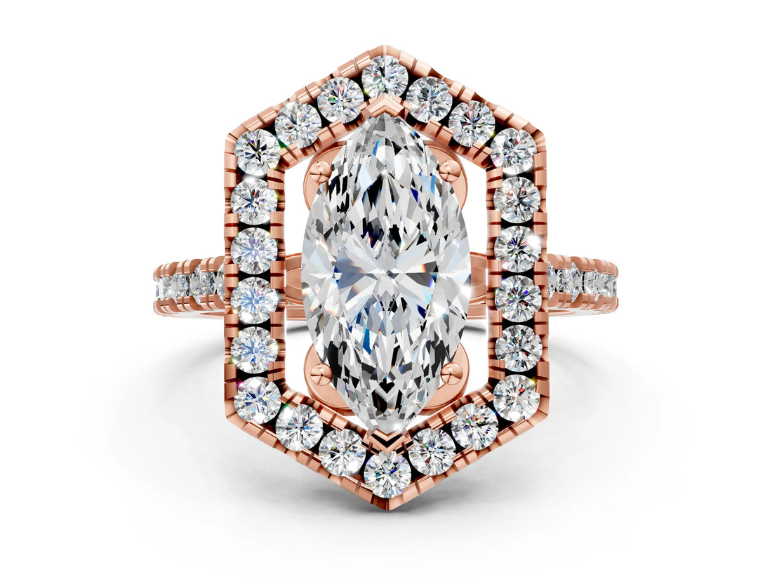 Rose gold Hexagonal Halo Marquise Cut Diamond Pavé Band with Four-Prong Setting_15