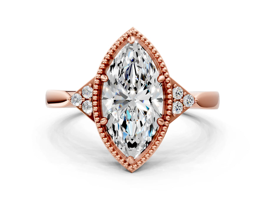 Rose gold Hexagonal Halo Marquise Cut Diamond Solitaire with Pavé Band and Four-Prong Setting