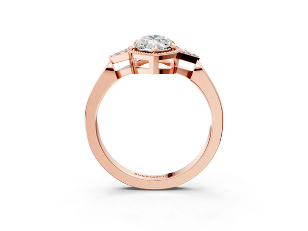 Rose gold Hexagonal Halo Marquise Cut Diamond Solitaire with Pavé Band and Four-Prong Setting