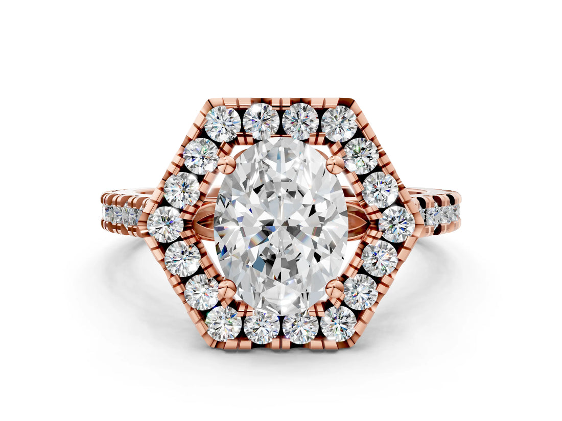 Rose gold Hexagonal Halo Oval Cut Diamond Pavé Band with Four-Prong Setting_3
