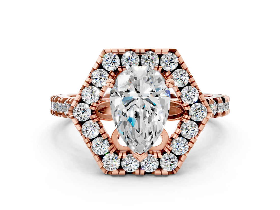 Rose gold Hexagonal Halo Pear Cut Diamond Pavé Band with Four-Prong Setting_3