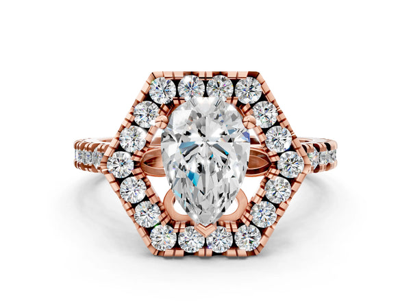 Rose gold Hexagonal Halo Pear Cut Diamond Pavé Band with Four-Prong Setting