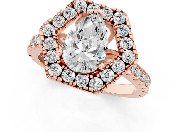 Rose gold Hexagonal Halo Pear Cut Diamond Pavé Band with Four-Prong Setting