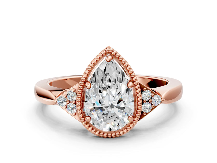 Rose gold Hexagonal Halo Pear Cut Diamond Solitaire with Pavé Band and Four-Prong Setting