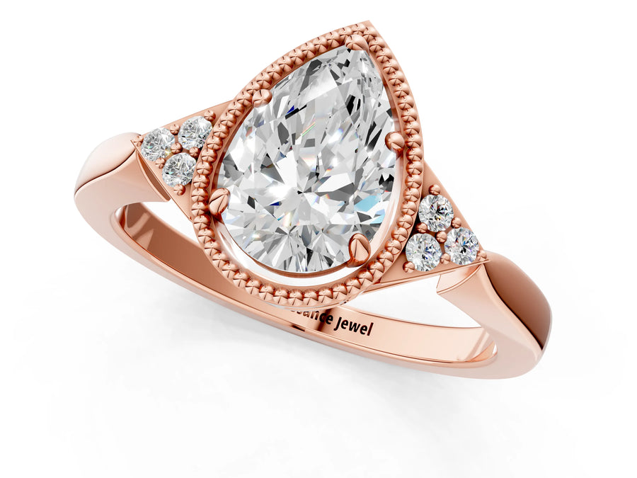 Rose gold Hexagonal Halo Pear Cut Diamond Solitaire with Pavé Band and Four-Prong Setting