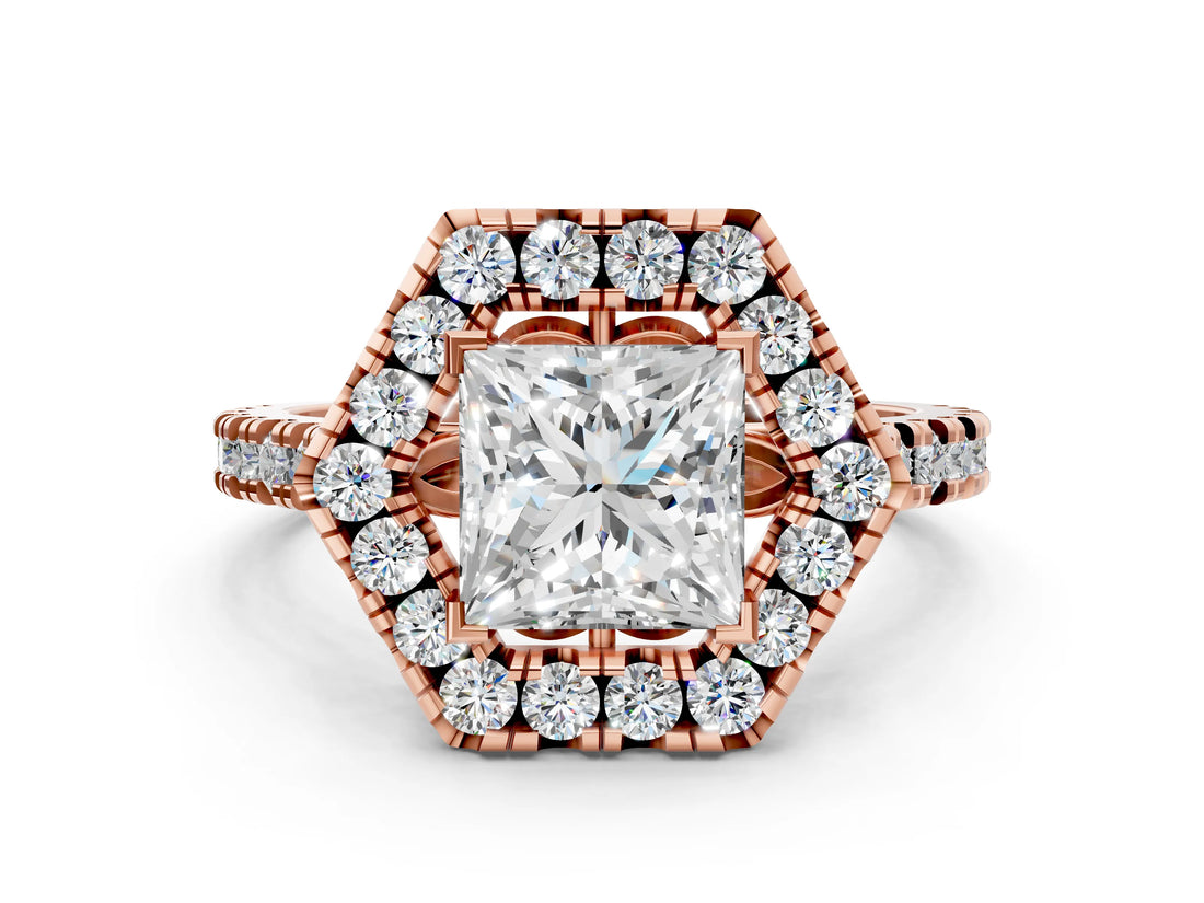 Rose gold Hexagonal Halo Princess Cut Diamond Pavé Band with Four-Prong Setting_3