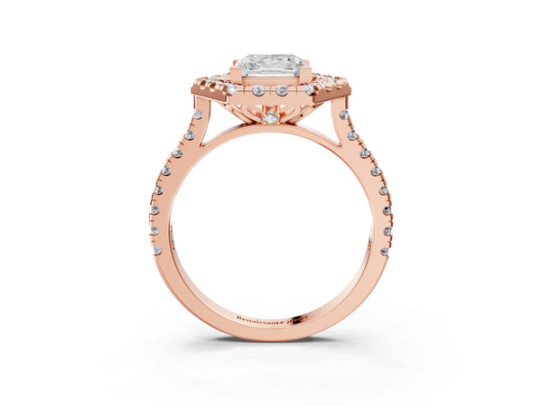 Rose gold Hexagonal Halo Princess Cut Diamond Pavé Band with Four-Prong Setting
