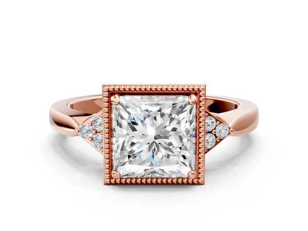 Rose gold Hexagonal Halo Princess Cut Diamond Solitaire with Pavé Band and Four-Prong Setting