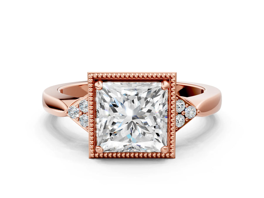 Rose gold Hexagonal Halo Princess Cut Diamond Solitaire with Pavé Band and Four-Prong Setting